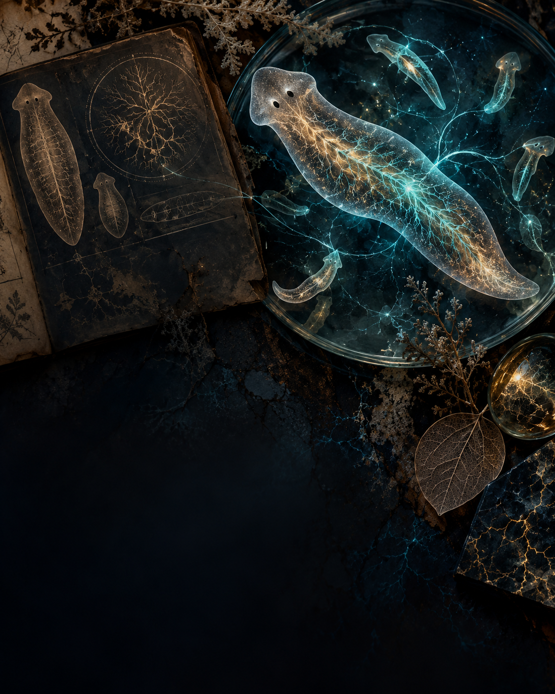 Planarian flatworms with glowing bioelectric patterns beside a scientific sketchbook.
